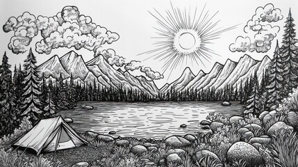 Serene mountain lake landscape with camping tent