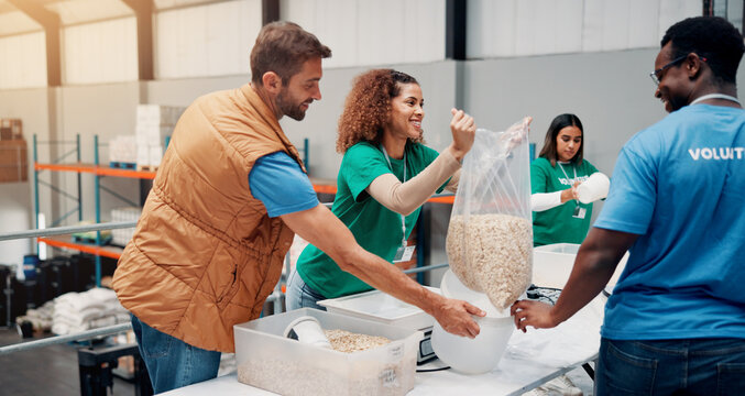 Volunteer, people and packing food for donation with community service, NGO outreach and charity event. Non profit project, teamwork and happy with oats parcel in warehouse for social responsibility