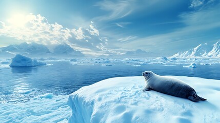 Fototapeta premium Beautiful White Seal on Icy Landscape with Blue Sky and Floating Ice