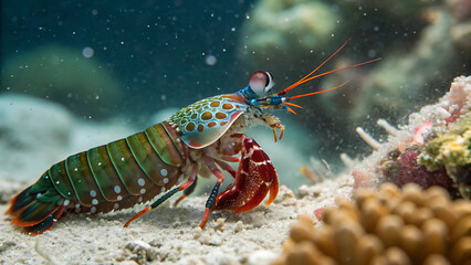 Vibrant peacock mantis shrimp underwater closeup in natural habitat.