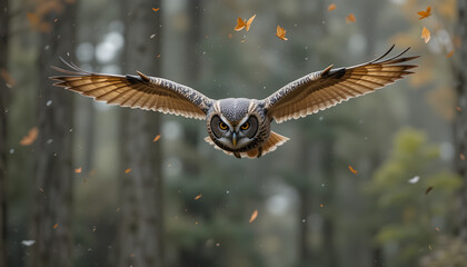 Obraz premium Majestic Owl Soaring Through Forest with Autumn Leaves in Flight