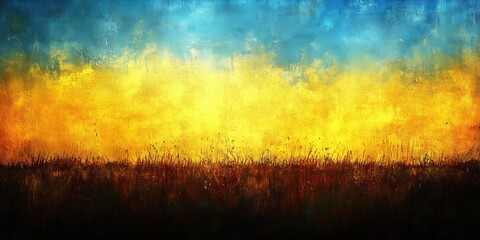 Fototapeta premium Vibrant abstract painting depicting a sunrise with golden hues over a dark field, evoking warmth and tranquility.