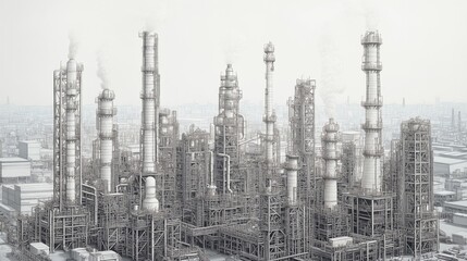 Fototapeta premium Detailed view of a large industrial complex featuring multiple smokestacks and pipelines, showcasing a busy manufacturing environment.