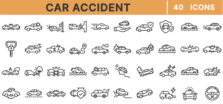 Car Accident Line Icons Set – Vehicle Crash, Traffic Collision, Road Safety, Insurance, Car Damage, Emergency, Breakdown, Speeding, Repair, Auto Risk, Vector Illustration