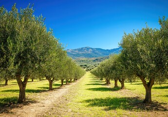 Lush Olive Grove Under a Clear Blue Sky with Rows of Green Trees and a Beautiful Mountain Landscape in the Background