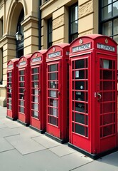 Obraz premium Four Red Telephone Booths Outside Building