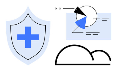 Shield with medical cross, pie chart with statistics, and cloud icon suggest themes of protection, healthcare, and data analysis. Ideal for cybersecurity, healthcare, analytics, data security cloud