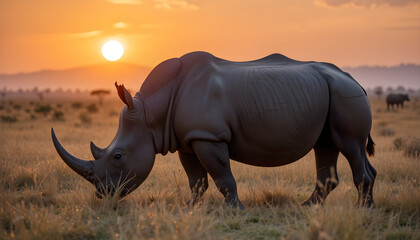Fototapeta premium Rhino standing in the sunset on the African savannah
