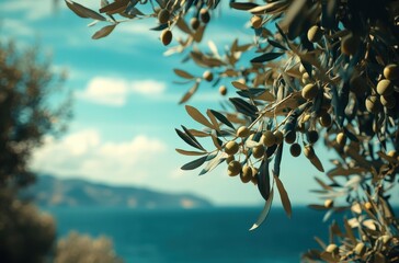 Naklejka premium Lush Olive Tree Branch Against Vibrant Blue Sea and Sky in Scenic Mediterranean Landscape During Warm Sunny Day with Gentle Breeze