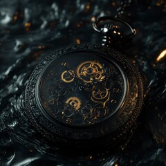 Intricate Gold and Black Pocket Watch Submerged in Dark Liquid