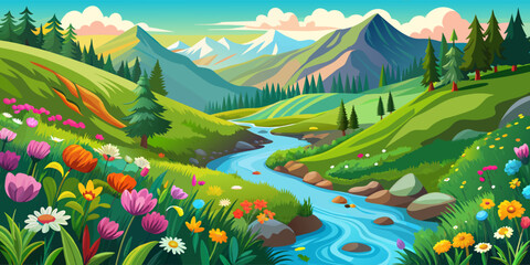 Fototapeta premium A serene landscape with vibrant flowers flowing river and majestic mountains in the distance.