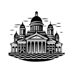 A majestic cathedral with grand domes and towering spires reflected in the water creating a serene and iconic architectural scene.