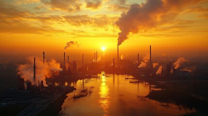 Fototapeta premium Sunset industrial pollution aerial view