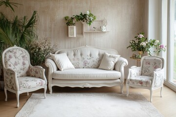 Charming French Country Living Room Vintage Whitewashed Furniture with Delicate Floral Upholstery, Soft Neutral Tones, and Lush Greenery for a Cozy, Romantic Ambiance