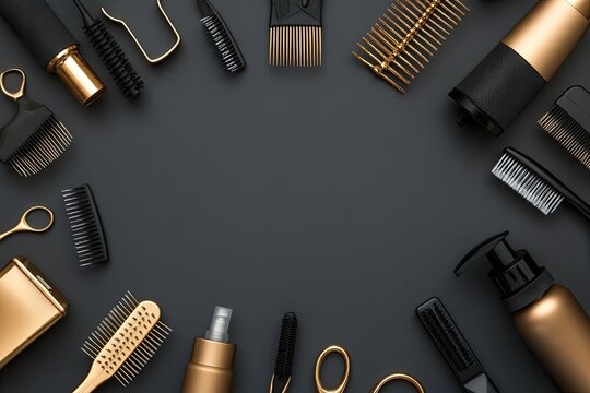 Professional hairdressing tools arranged in a circle on a dark gray background
