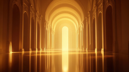 A grand interior with a series of elegant, towering arches bathed in soft golden light, reflections on the smooth