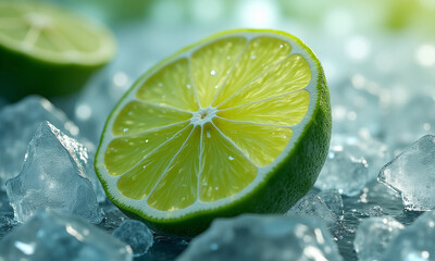 Fresh green lime slices on ice, showcasing vibrant color and texture. Perfect for cocktails or culinary use, adding refreshing touch to drinks and dishes