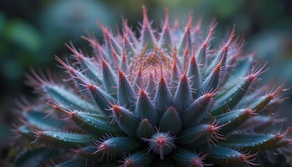 Obraz premium Close-up of Exotic Cactus with Spikes and Water Droplets