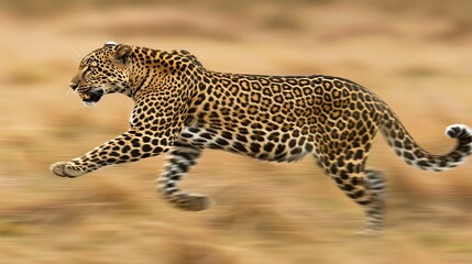 Fototapeta premium a swiftly moving leopard through the grasslands of the savanna. swift and fierce action of a leopard observed, Generative AI.