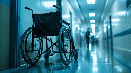 Obraz premium A wheelchair that is empty and surrounded by blurry figures in a well-lit hospital corridor, signifying accessibility and healthcare, Generative AI.
