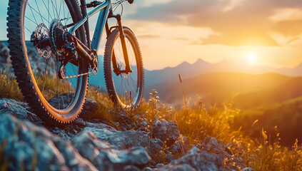 Cycling into the Sunset: An mountain bicycle rests on a rocky terrain, with the breathtaking view of a mountainous landscape bathed in the warm light of the sunset.
