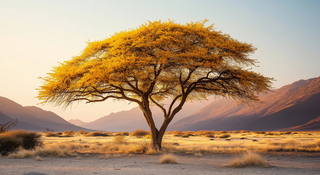 Uma &aacute;rvore majestosa com folhas douradas brilhando suavemente no meio de uma paisagem des&eacute;rtica &aacute;rida