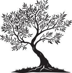 A stark black tree silhouette with detailed roots, a nature vector art design