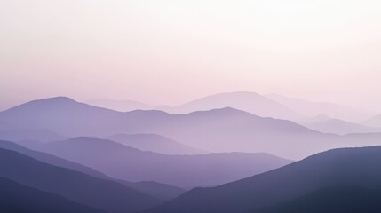 Fototapeta premium Serene Mountainscape: Layers of Muted Lavender Peaks Under a Soft Gradient Sky, Tranquil Vista for Backgrounds and Designs