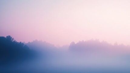 Fototapeta premium Misty Landscape with Gradient Hues - Ethereal Forest Scenery at Dawn with Lavender and Soft Pink Colors