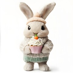 Obraz premium Cute plush rabbit holding a cupcake gift
