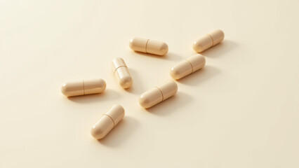 A cluster of white magnesium glycinate supplements with a glossy coating, spread out on a light surface against a gray background.