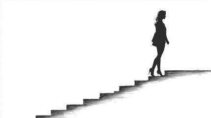 Woman climbs up the high career stairs. Black sketch silhouette