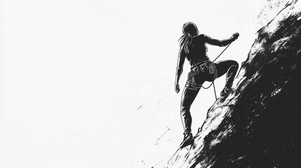 Strong woman Climbing to the mountains. Black silhouette