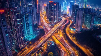 Dynamic view of a Shanghai road interchange at night, with glowing traffic light trails forming intricate patterns amidst towering skyscrapers and urban landmarks.. AI Generation