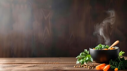 Steaming Bowl of Homemade Vegetable Soup on Rustic Wooden Table