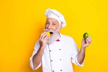 Cheerful senior chef enjoying fresh citrus fruits while holding a lime and a lemon against a yellow background