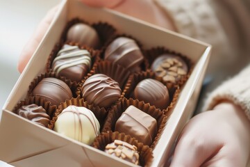 close-up of hands cradling a variety of chocolate boxes. Ideal as a sweet treat to delight in or as a gift for special occasions, Generative AI.