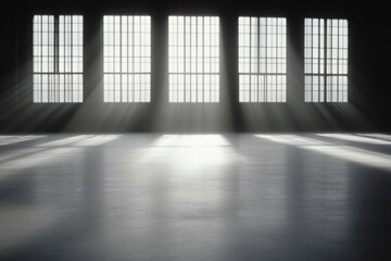 Sunlight streams through large windows, illuminating spacious, e