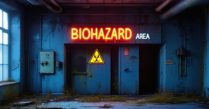 Neon biohazard area sign flickering weakly outside abandoned laboratory deep navy and muted silver symbolizing failed experiments