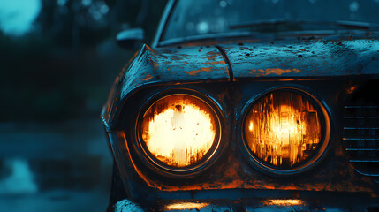 Vintage Car Headlights: Close-up of the iconic headlights of a classic car, illuminated in a moody, atmospheric setting, revealing the vintage charm and beauty.