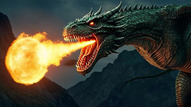 Dragon Breathing Fire Fantasy Creature with Glowing Eyes in Dark Setting