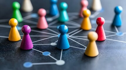 Colorful Game Tokens Representing Teamwork and Connection on a Digital Network Background
