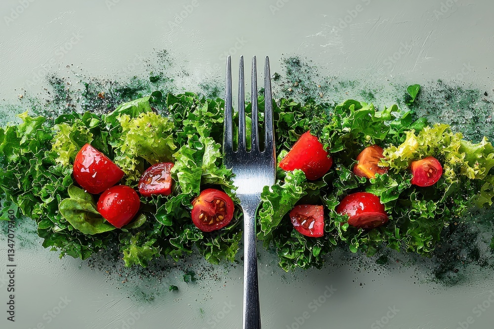 Poster colorful salad with fresh lettuce and cherry tomatoes arranged neatly on a light background