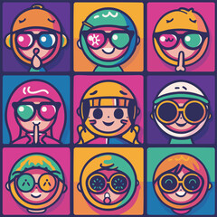 Colorful Pop Art Faces with Helmets and Sunglasses