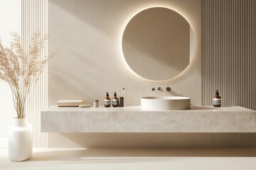 Modern bathroom design featuring minimalist decor and neutral colors in a serene setting