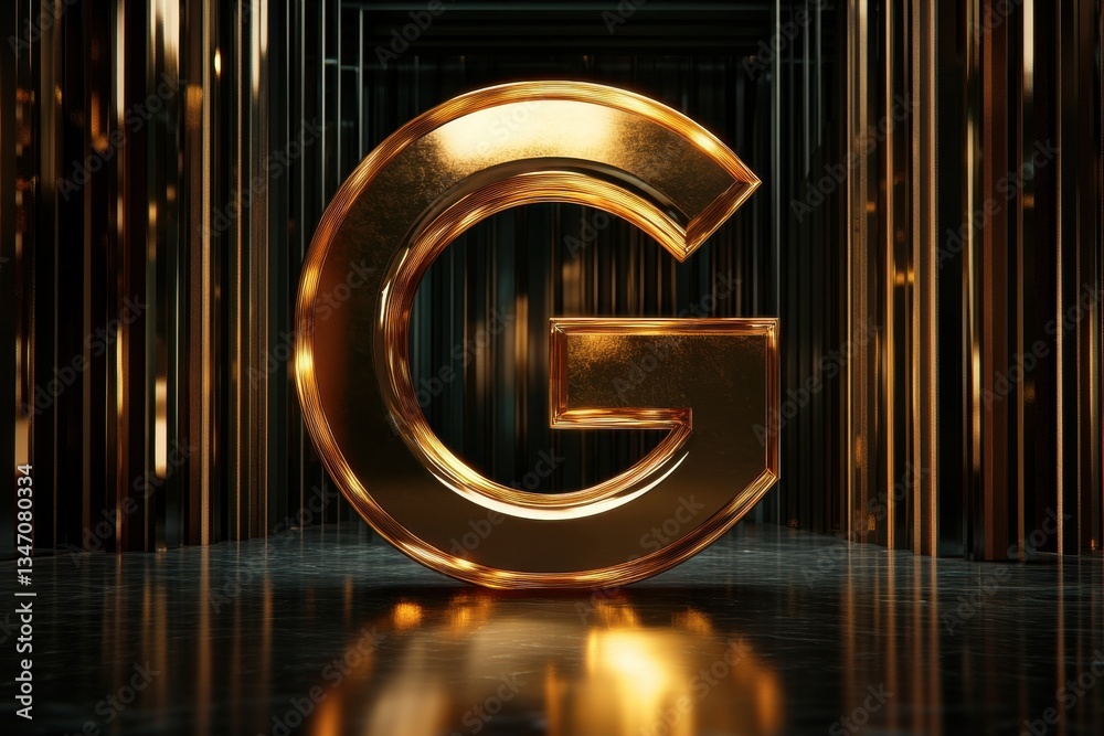 Aufkleber golden letter g stands prominently in a reflective environment with sleek lines and a modern aesthet