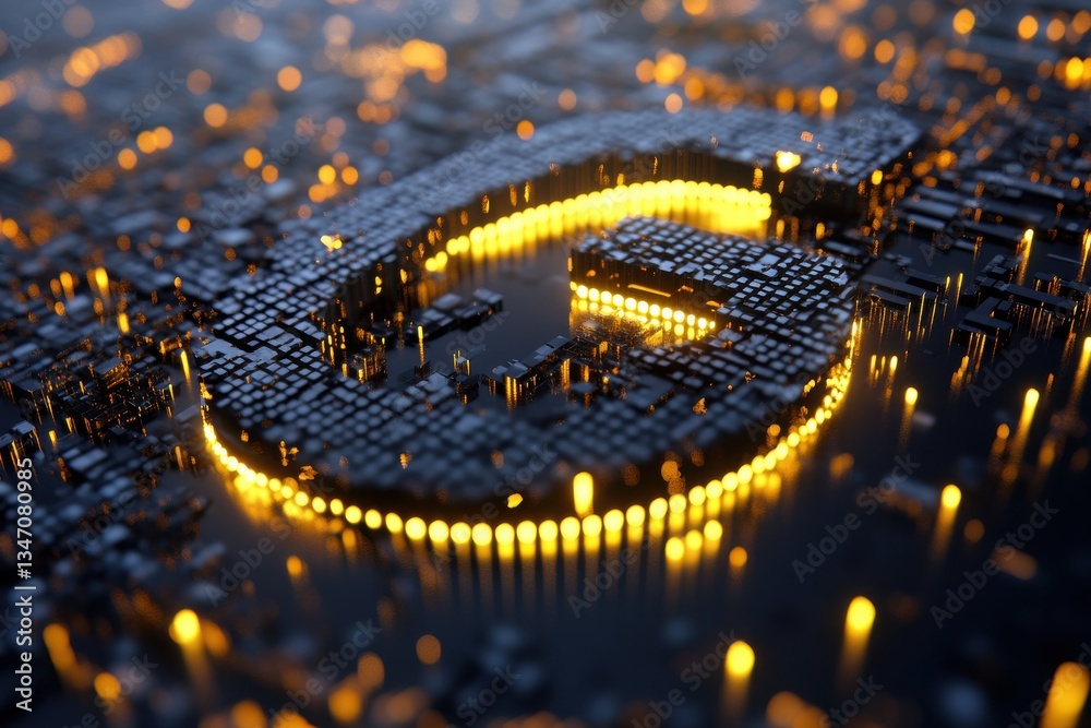 Poster digital representation of a glowing letter g illuminated by tiny lights at night in a futuristic cit