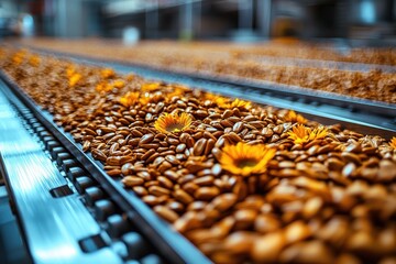 Fototapeta premium Coffee beans being processed with flowers adding a vibrant touch in a bustling production facility