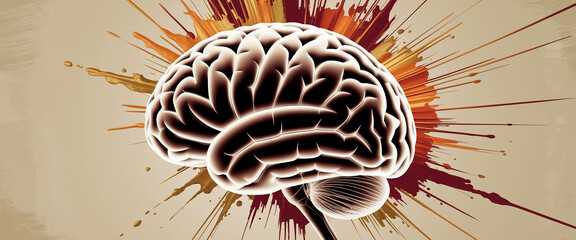 Detailed human brain image, set against a backdrop of brown and gold paint splatters, suggesting creativity, intelligence, and brainstorming