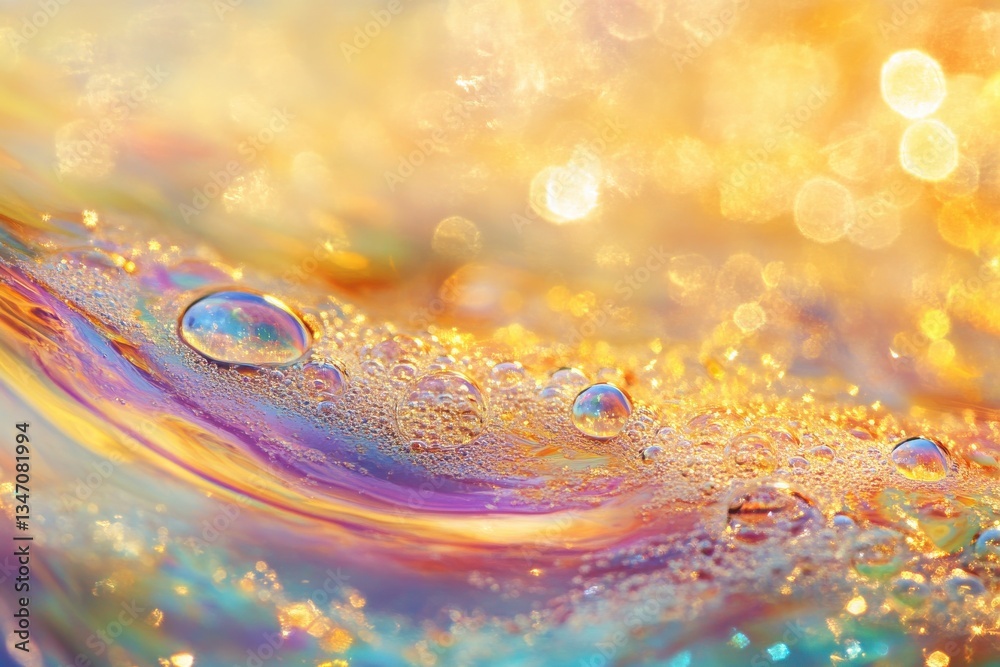 Poster Vibrant colors and bubbles create a mesmerizing texture in a liquid surface during daylight